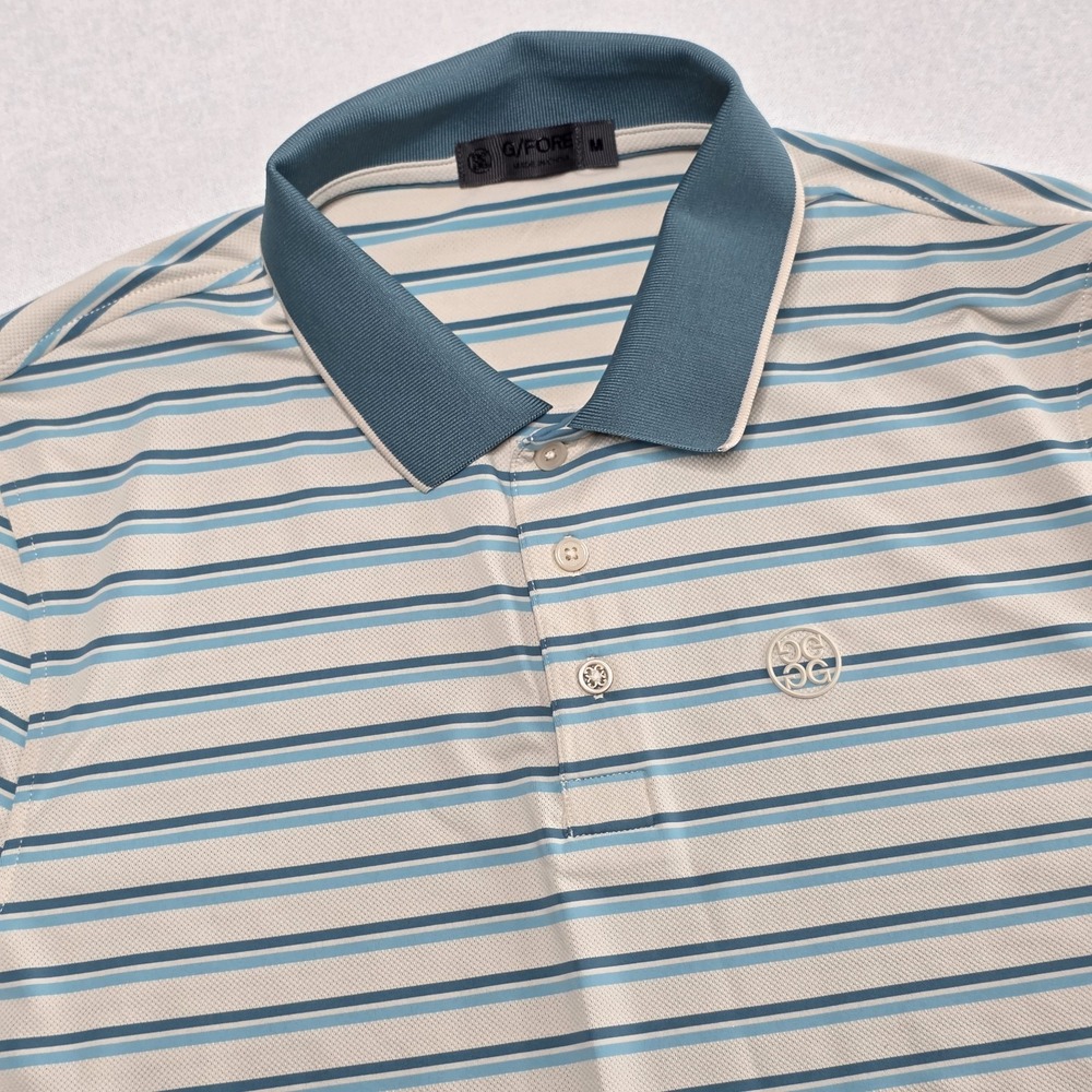 G/FORE Polo Shirt Mens M Blue Striped Stretch Performance‎ Golf Short Sleeve
